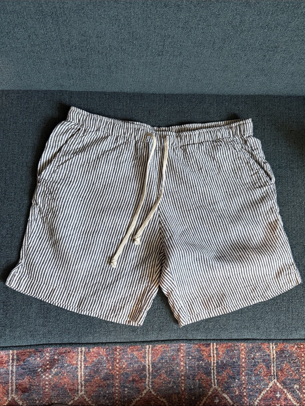 Alex Crane Linen Stripe Drawstring Shorts - Gray & White- Like New